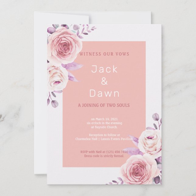 Pink & White Floral Watercolor Wedding Invitation (Front)
