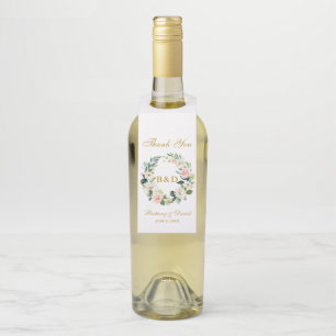Pink White Floral Wreath Gold Monogram Wedding Bottle Tag