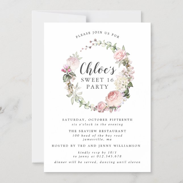 Pink White Floral Wreath Sweet Sixteen Party Magnetic Invitation (Front)