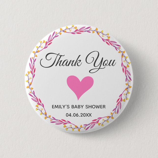 Pink & White Floral Wreath Thank You Baby Shower 2 Inch Round Button (Front)