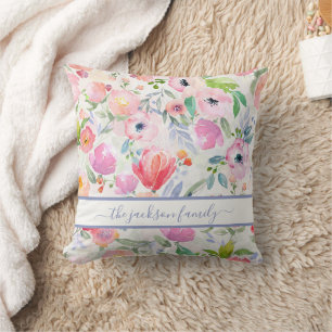Pink white florals boho family name script throw pillow