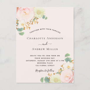 Pink white florals rose gold wedding postcard
