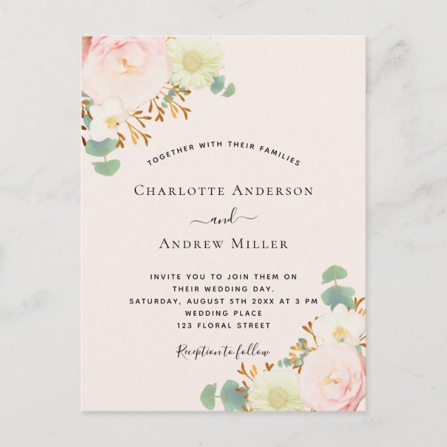 Pink white florals rose gold wedding postcard (Front)