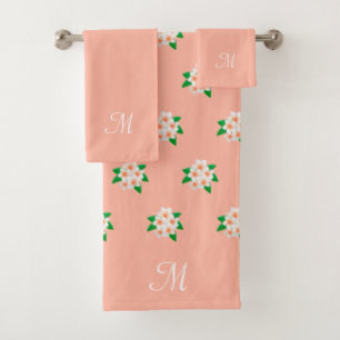 Pink White Flower Pattern & Monogram on Coral Pink Bath Towel Set
