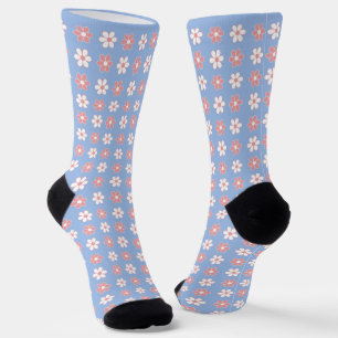Pink & White Flower Pattern on Light Sky Blue Socks