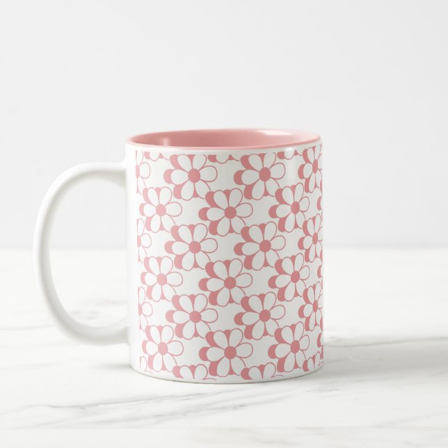 Pink & White Flower Pattern on White Two-Tone Coff Two-Tone Coffee Mug (Left)
