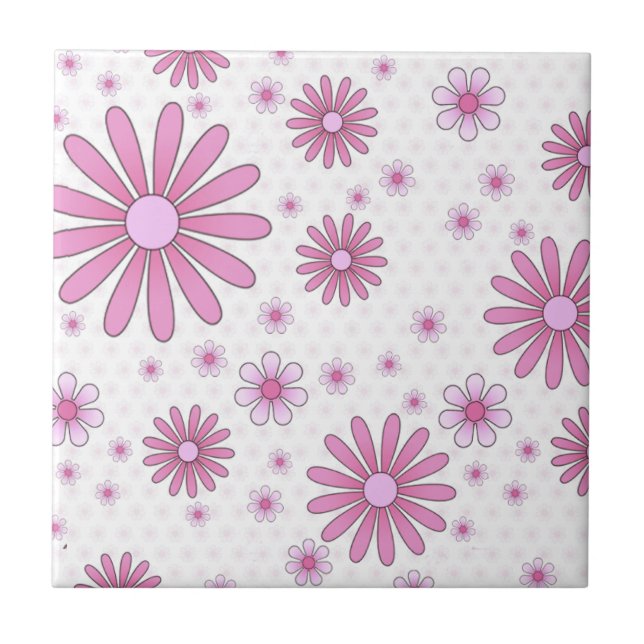 Pink & White Flower Power Retro Floral Tile (Front)