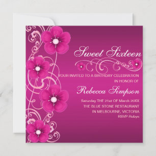 Pink & White Flower Swirl Sweet 16 Birthday Invite