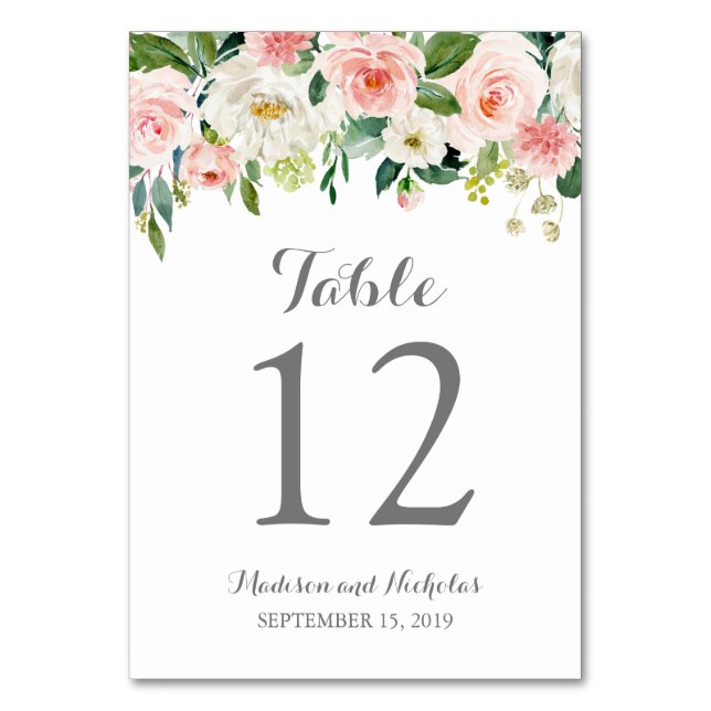 Pink White Flower Wedding Table Number Cards (Front)