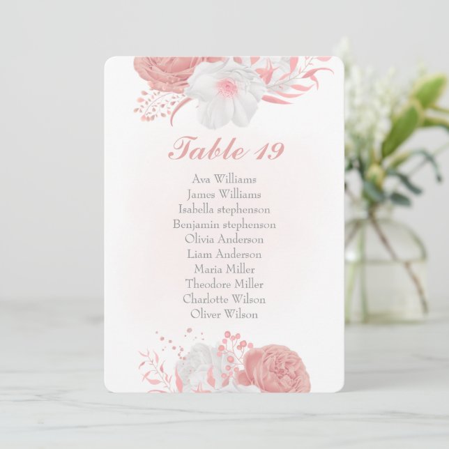 pink & white flowers botanical seating chart card (Standing Front)