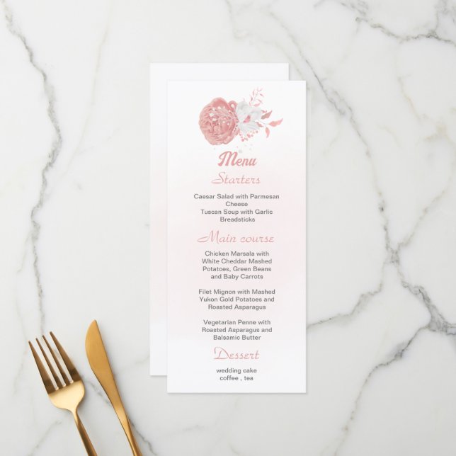 pink & white flowers botanical wedding menu (Front/Back In Situ)