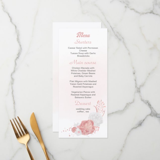 pink & white flowers botanical wedding  menu (Front/Back In Situ)