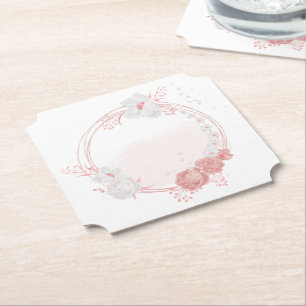 pink & white flowers botanical wedding paper coaster