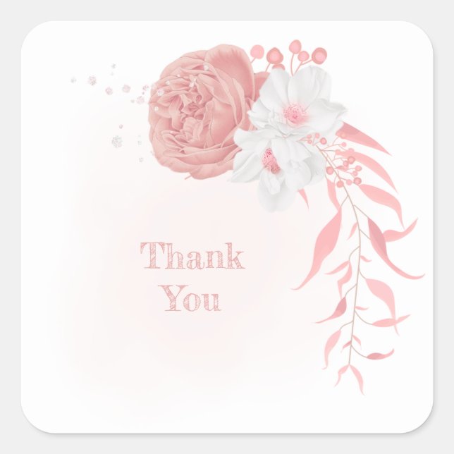 pink & white flowers botanical wedding square sticker (Front)