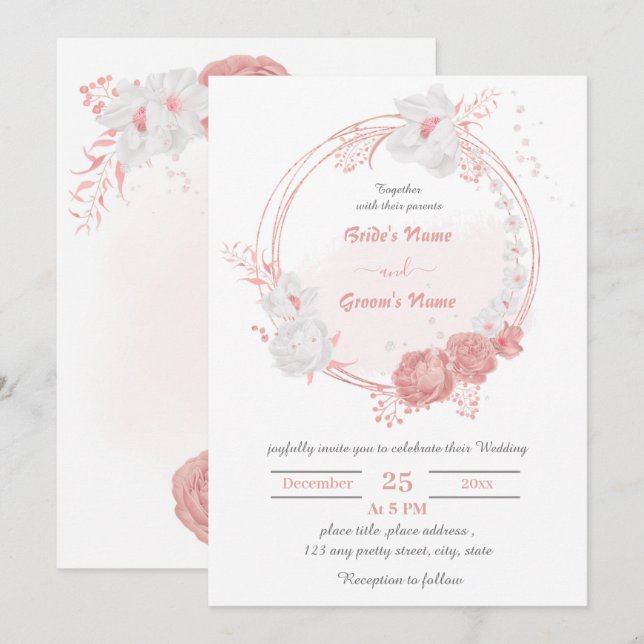 pink & white flowers botanical wreath wedding invitation (Front/Back)