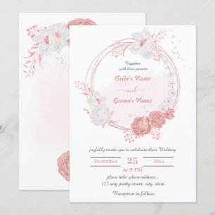 pink & white flowers botanical wreath wedding invitation