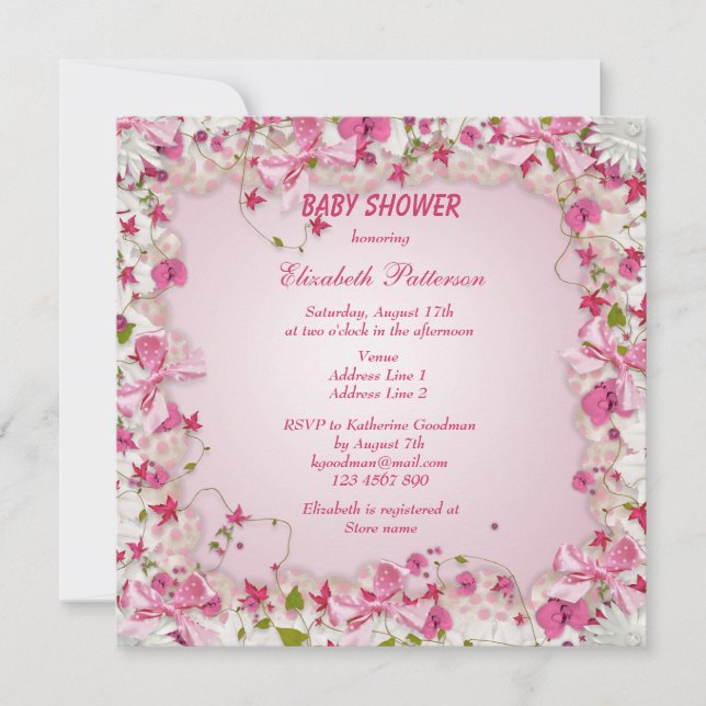Pink & White Flowers & Bows Baby Girl Shower Invitation (Front)