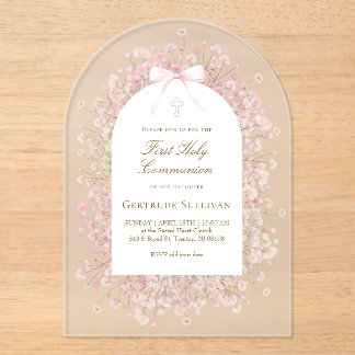 pink white flowers First Holy Communion Acrylic Invitations
