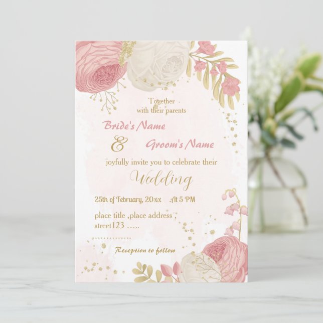 pink & white flowers gold botanical wedding invitation (Standing Front)