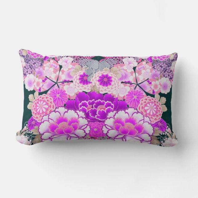 PINK WHITE FLOWERS Peony,Roses Japanese Floral Lumbar Pillow (Front)