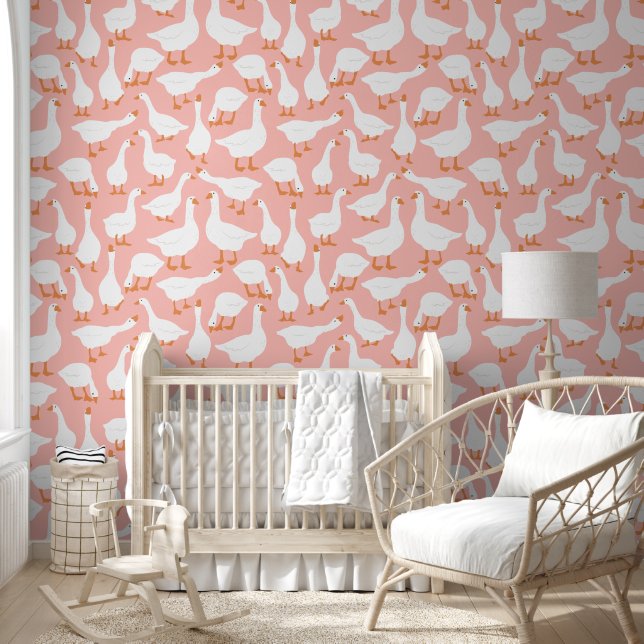 Pink White Fun Geese Seamless Pattern Wallpaper (Kids)