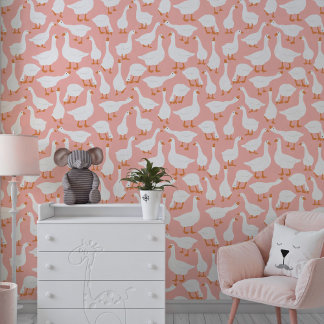 Pink White Fun Geese Seamless Pattern Wallpaper