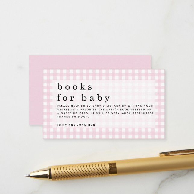 Pink White Gingham Books for Baby Enclosure Card (Front/Back In Situ)