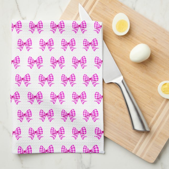 Pink-white gingham bow pattern kitchen towel (Quarter Fold)