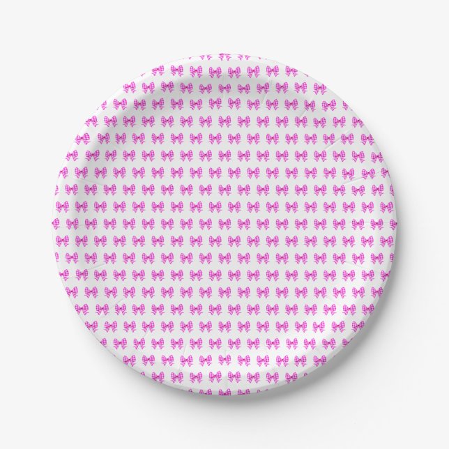 Pink-white gingham bow pattern paper plate (Front)