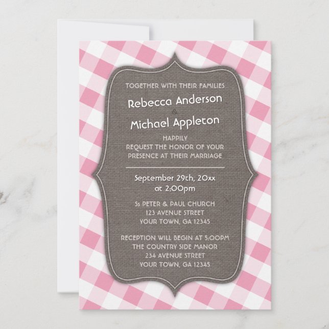 Pink & White Gingham Canvas Wedding Invitations (Front)