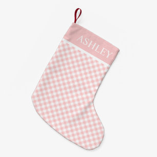 Pink White Gingham Custom Name Small Christmas Stocking