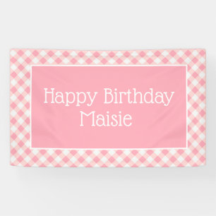 Pink White Gingham Little Girl's Happy Birthday Banner
