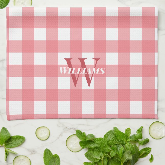 Pink White Gingham Name & Initial Kitchen Towel (Folded)