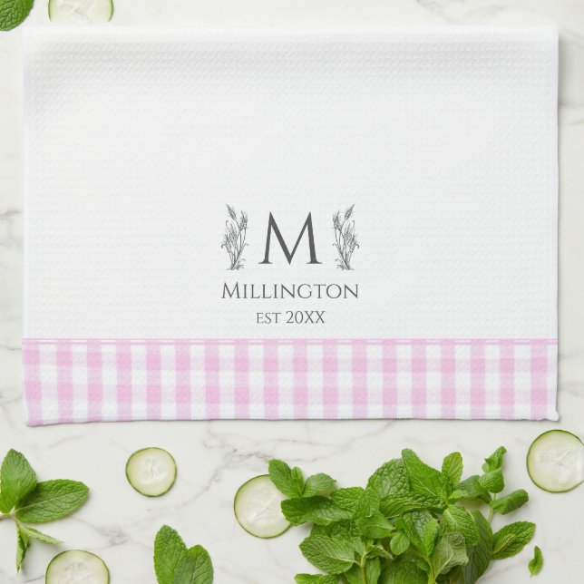 Pink & White Gingham Personalized Monogram Custom Kitchen Towel (Folded)