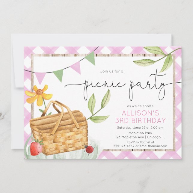 Pink white gingham Picnic Party birthday party Invitation (Front)
