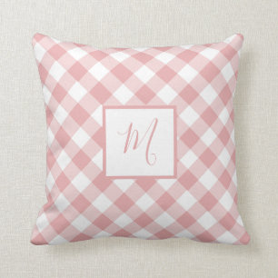 Pink White Gingham Plaid Modern Chic Monogram Throw Pillow
