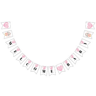 Pink White Girl Baby Shower Penguin Bunting Flags