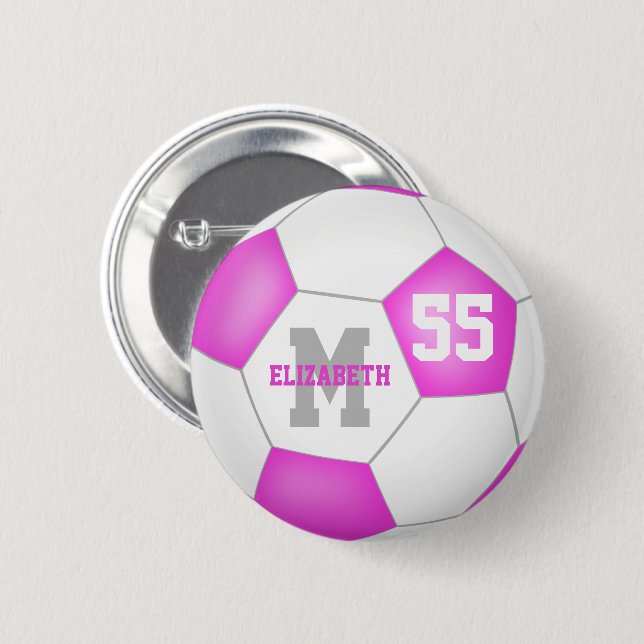 pink white girls soccer personalized 2 inch round button (Front & Back)
