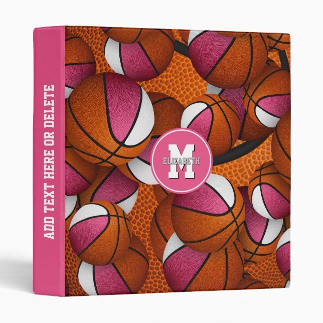 pink white girly basketballs pattern monogrammed binder (Front/Spine)