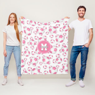 pink white girly sports soccer balls pattern fleece blanket