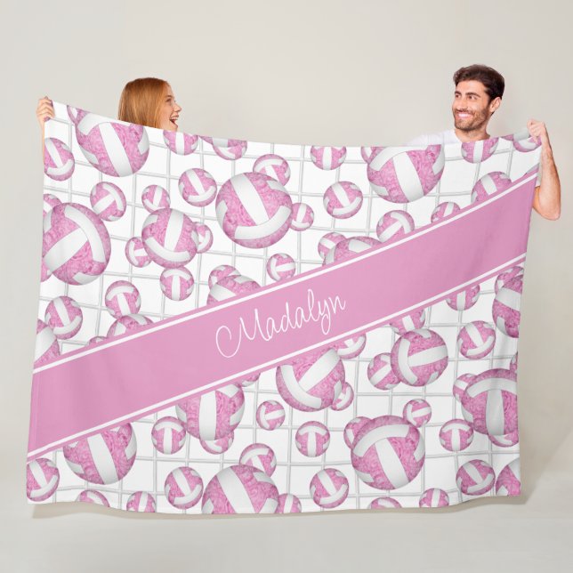 Pink white girly volleyballs pattern net accent fleece blanket (In Situ)