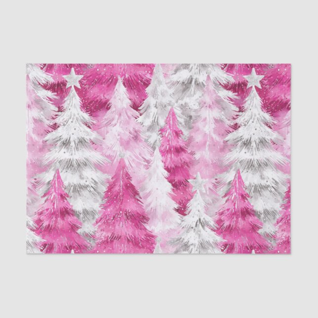 Pink White Glam Christmas Trees Tissue Paper (Front)