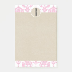 Pink White Glam Damask Kraft Monogram Initial Post-it Notes