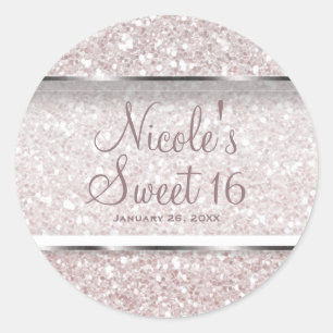 Pink White Glitter Glam Sweet 16 Party Favour Classic Round Sticker