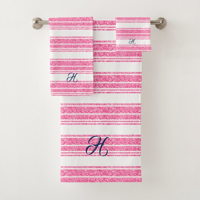 Pink & White Glitter Stripes Monogram Bath Towel Set (Insitu)