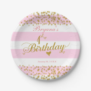 Pink White & Gold 1ST BIRTHDAY Party Paper Plates