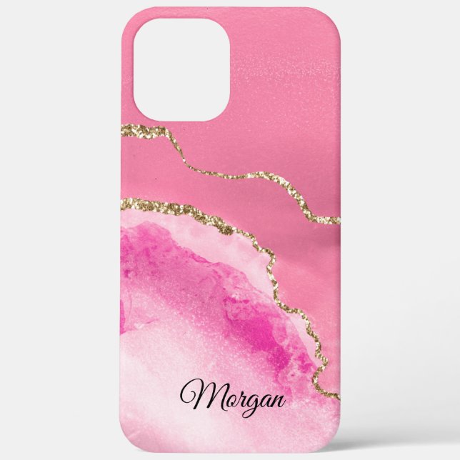 Pink, White & Gold Agate, DIY Script Name Black Case-Mate iPhone Case (Back)