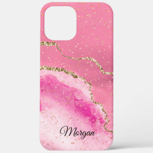 Pink White Gold Agate & Gold Stars, DIY Name Black iPhone 12 Pro Max Case