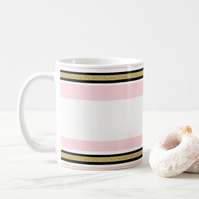 Pink & White Gold Black Stripe Mug (With Donut)
