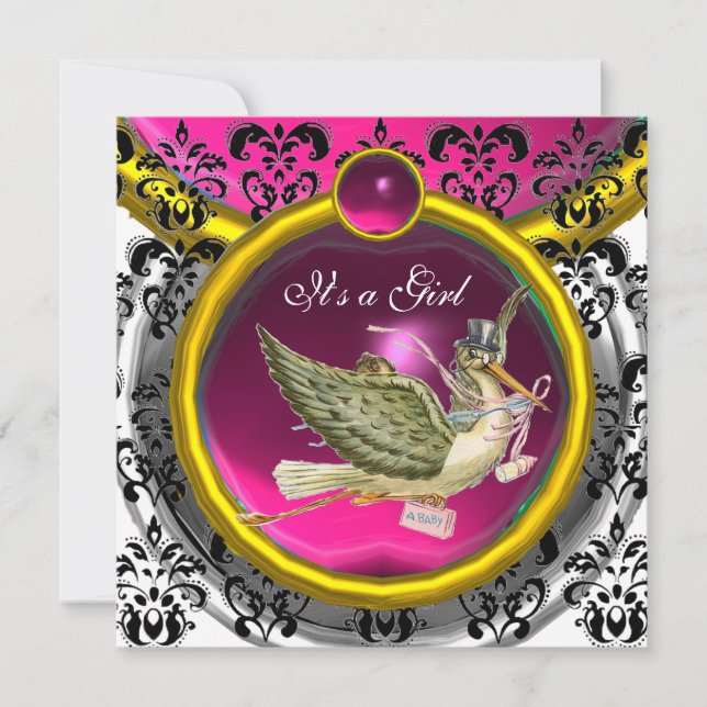 PINK WHITE GOLD DAMASK STORK BABY SHOWER MONOGRAM INVITATION (Front)